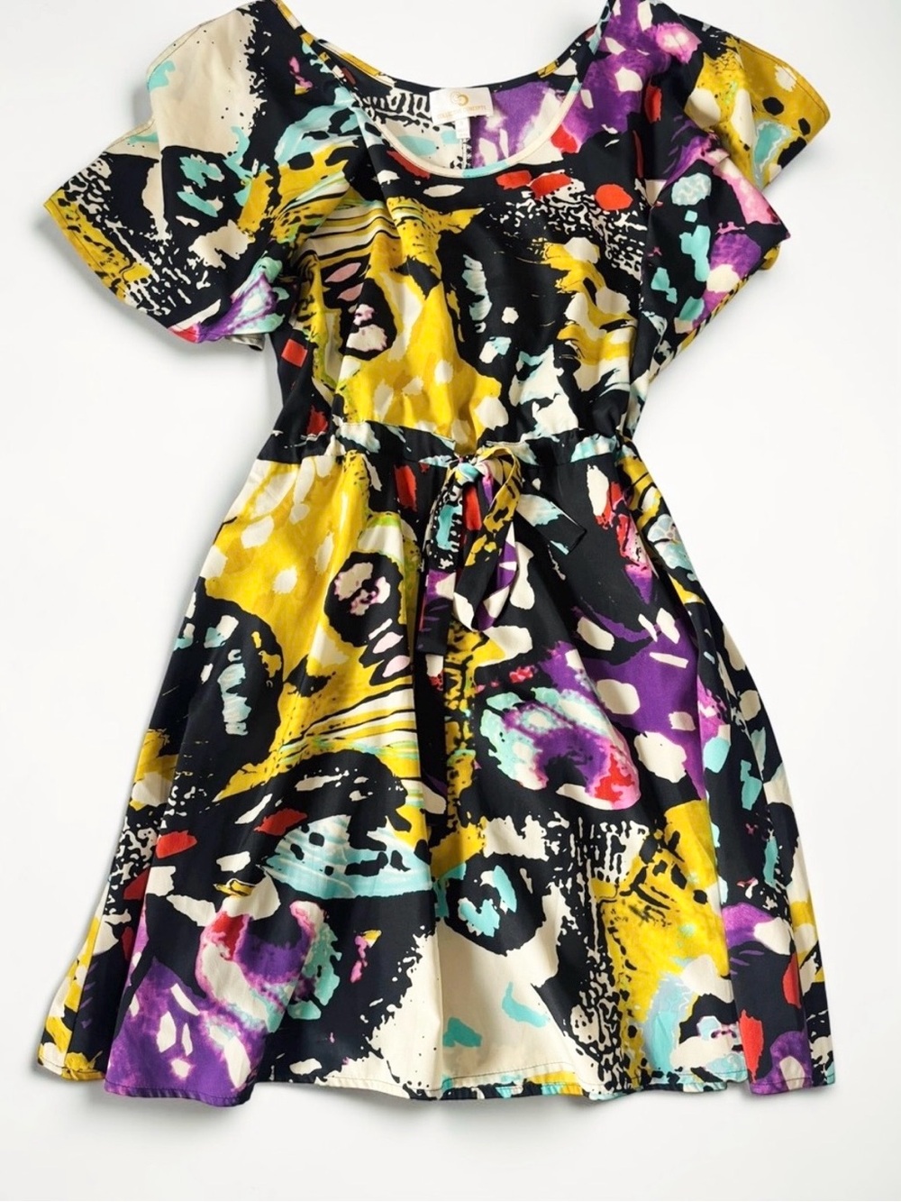 Y2K Abstract Dress Babydoll Flutter Sleeve Mini Yellow Purple S